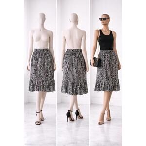 Black and White Patterned Midi Skirt with Ruffle Hem Size m